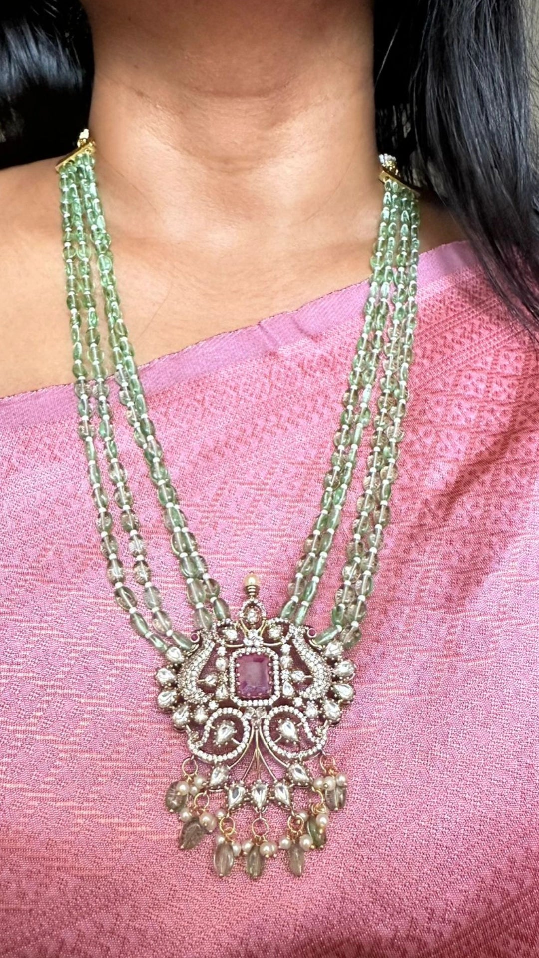 Victorian Diamond Stone Green Bead Haram - N2616