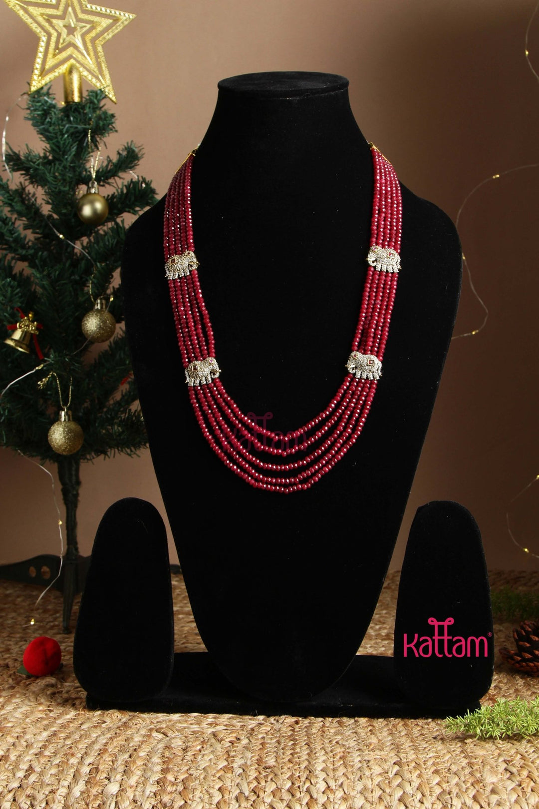 Victorian Elelphant Maroon Crystal Bead Haram - N6032