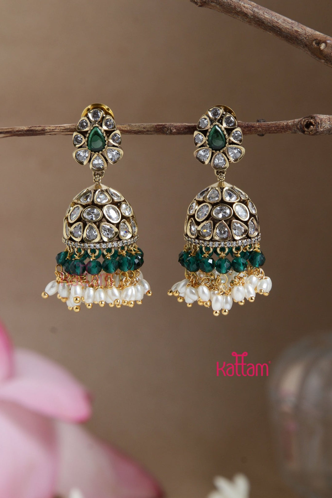 Victorian Green Beaded Jhumka - E887