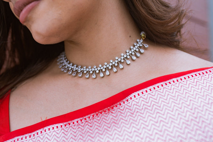 White Gold Tear Drop AD Choker - N1322