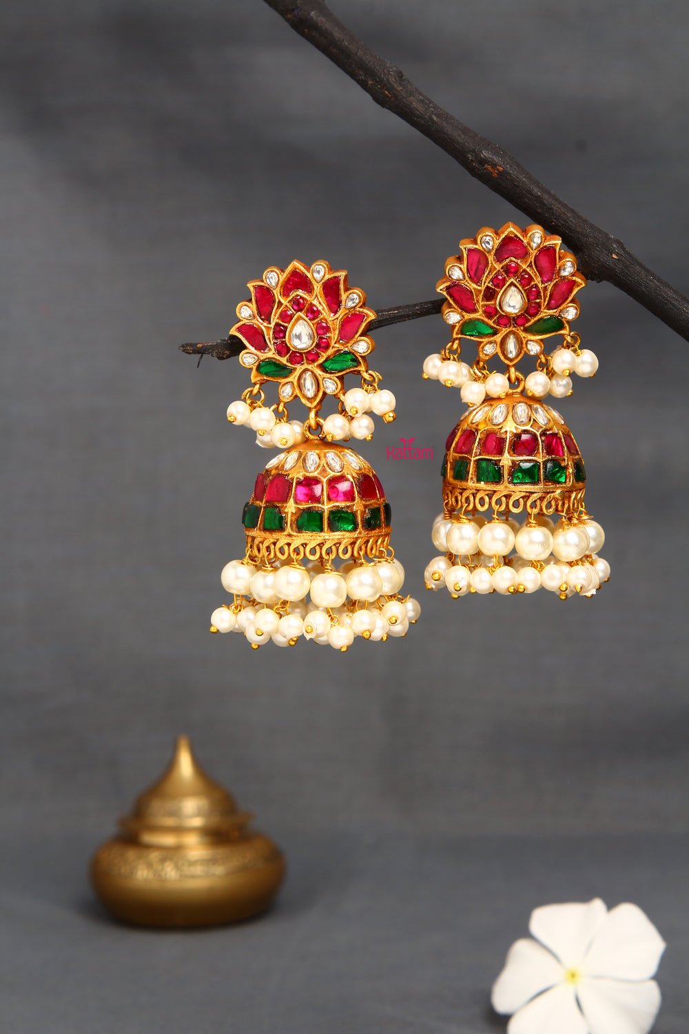 White Pearl Kundan Kemp Lotus Jhumka - E022