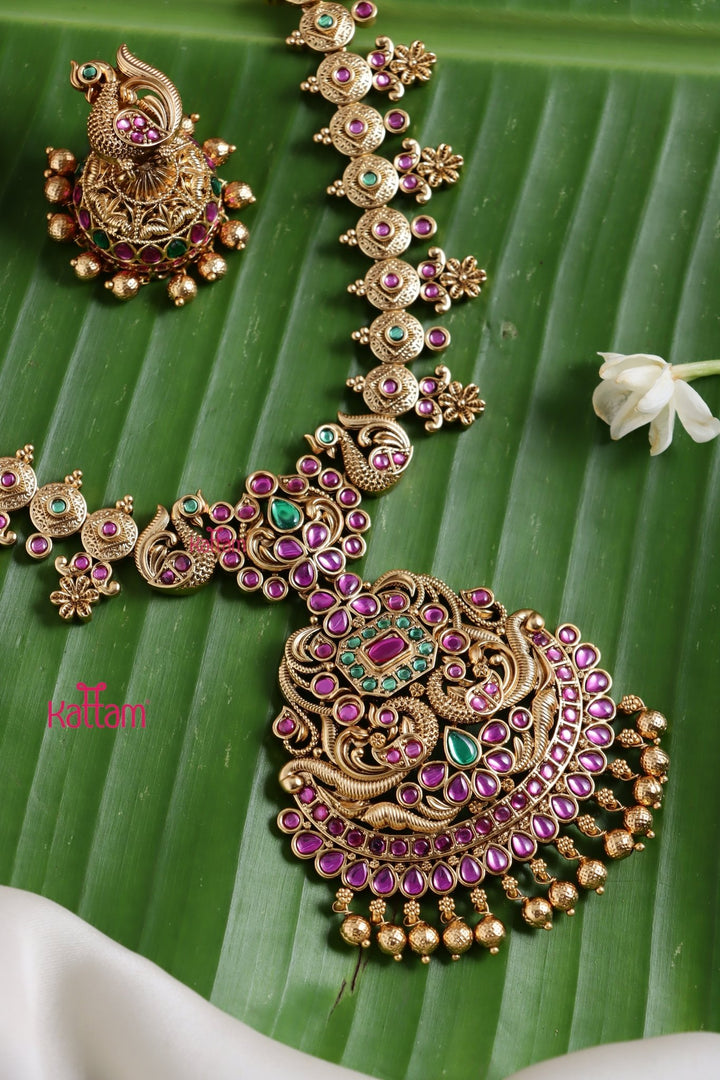 Yamuna - Flower Stone Peacock Necklace - N3759