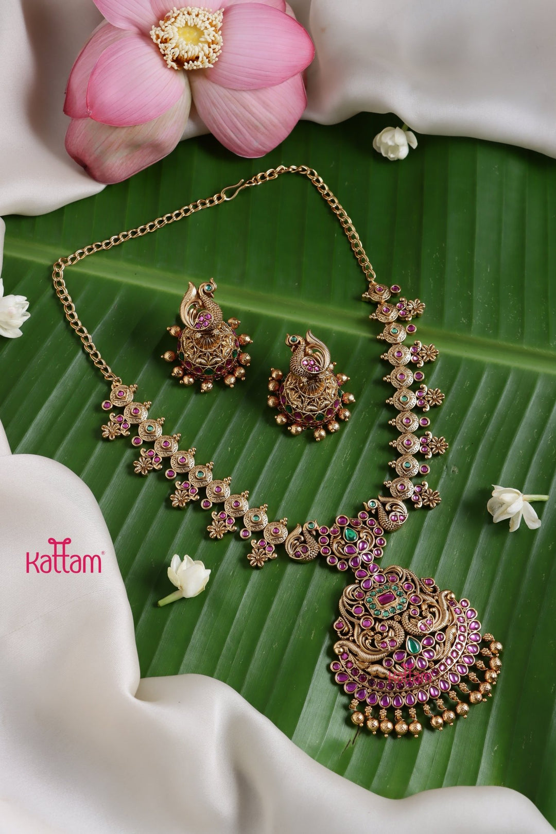 Yamuna - Flower Stone Peacock Necklace - N3759
