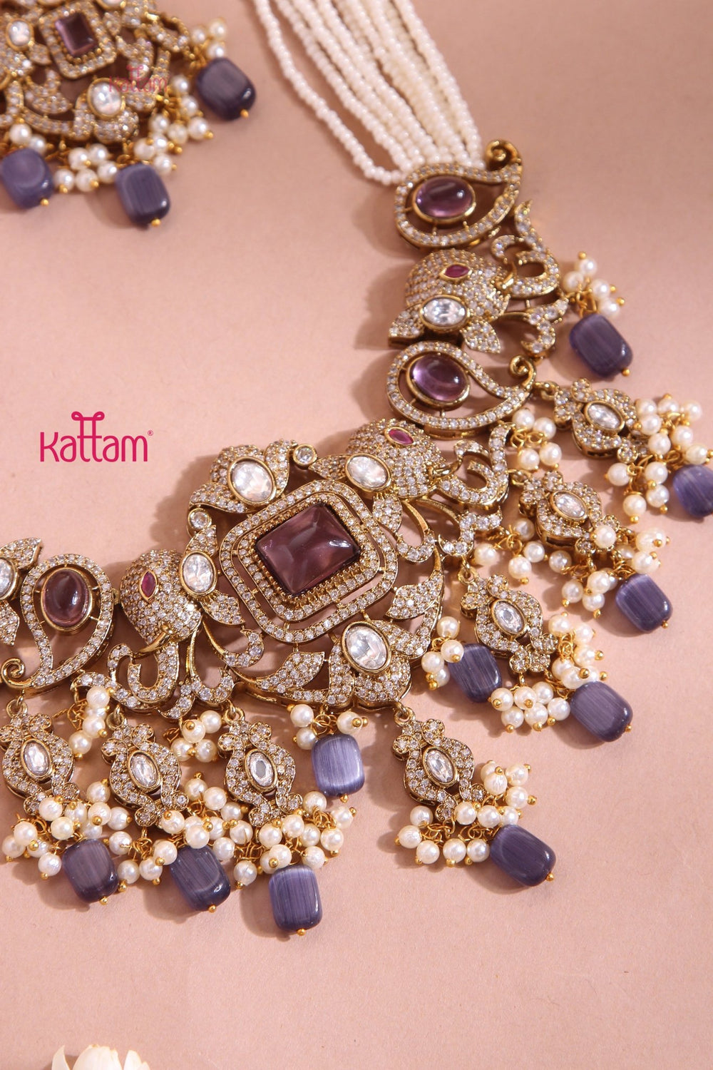 Zyana - Victorian Elephant Purple Beaded Necklace - N6157