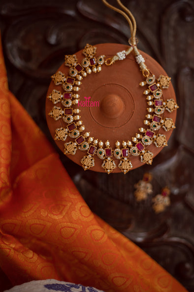 Ram Parivar Manga Necklace With Ruby & Green Stones