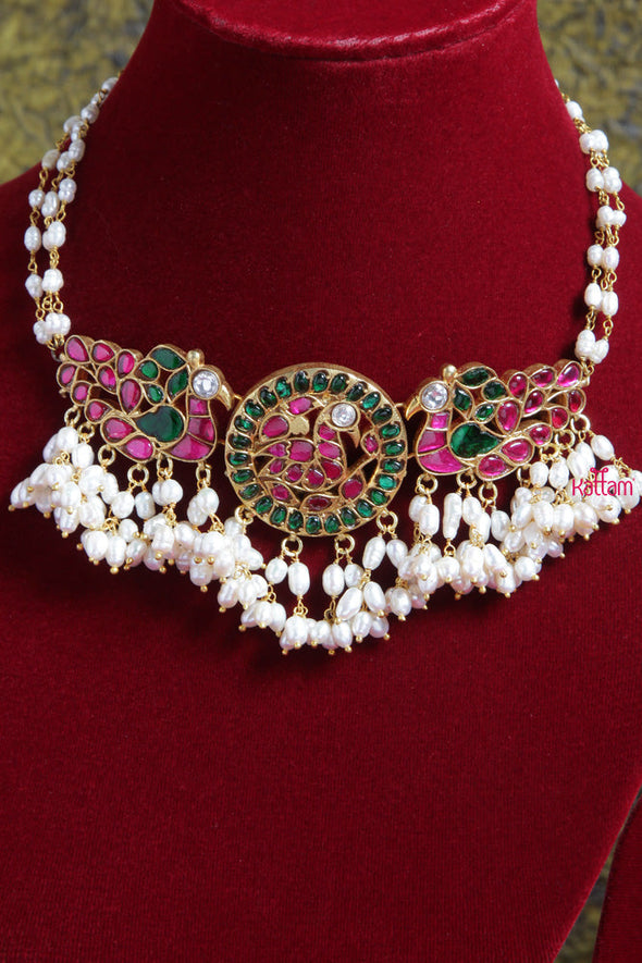 Kundan Jadau Rice Pearl Triple Peacock Choker