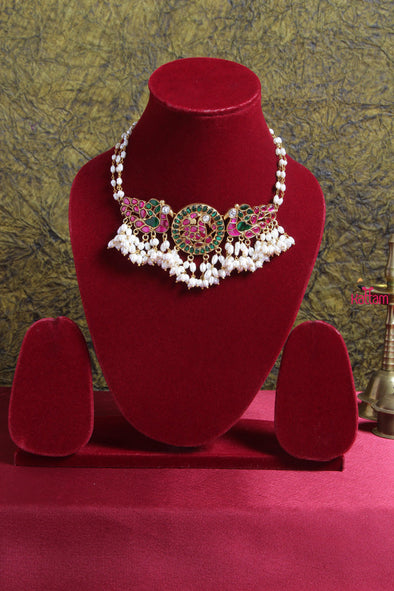 Kundan Jadau Rice Pearl Triple Peacock Choker