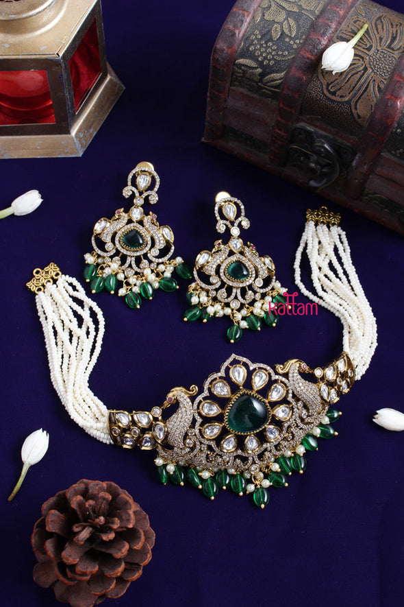 Myla - Victorian AD Peacock Green Bead Choker