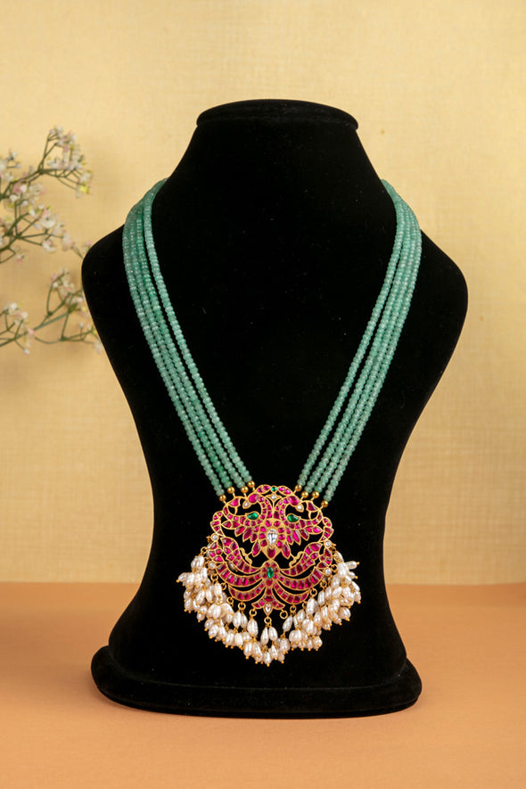 Kundan Peacock Rice Pearl Crystal Beads Mala