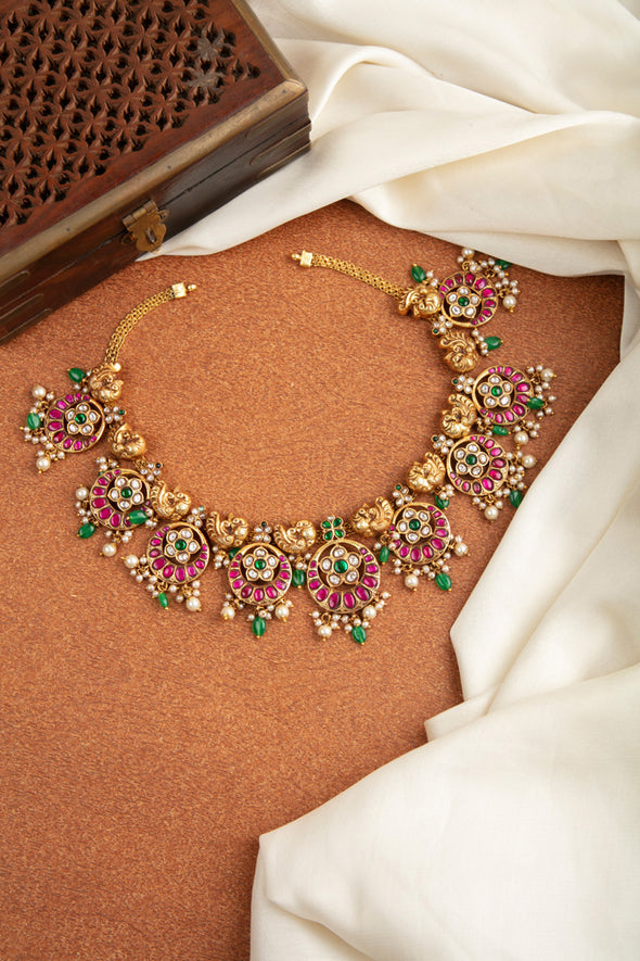 Antique Kundan Jadau Moon Peacock Necklace