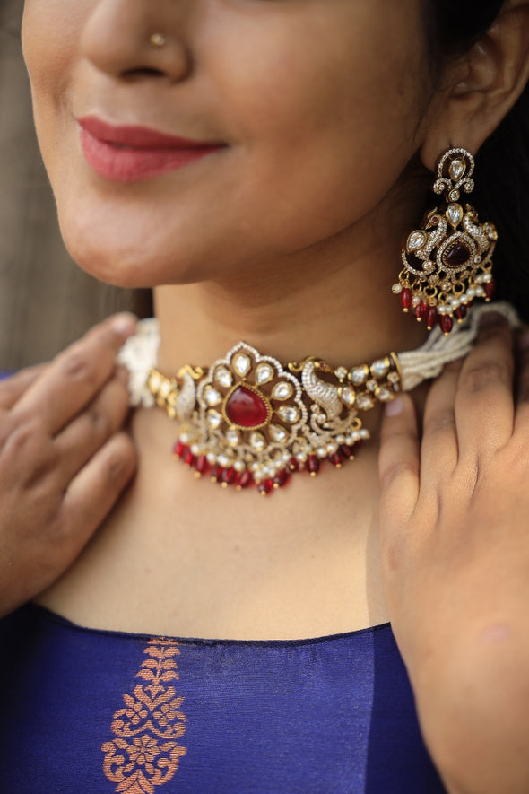 Myla - Victorian AD Peacock Maroon Bead Choker