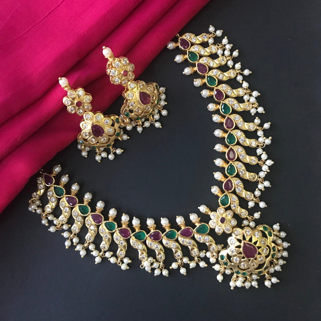 Multistone Pearl Trims Necklace Set