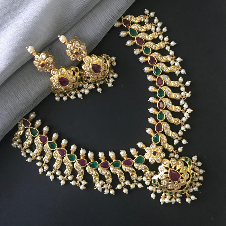 Multistone Pearl Trims Necklace Set