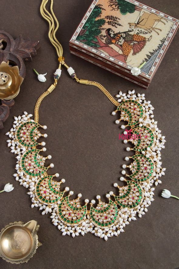 Premium Kundan Jadau Green Halfmoon Pearl Necklace