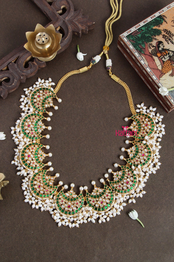 Premium Kundan Jadau Green Halfmoon Pearl Necklace