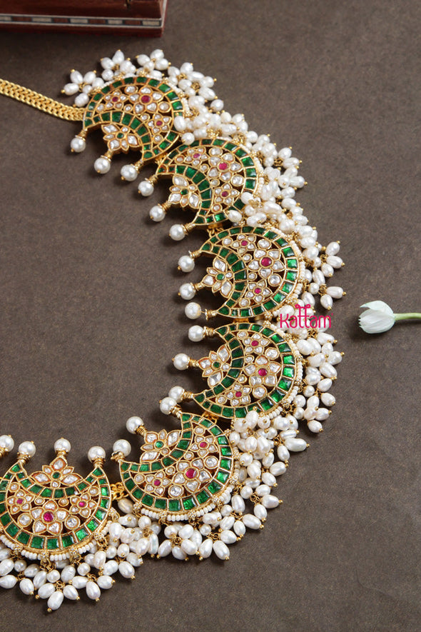 Premium Kundan Jadau Green Halfmoon Pearl Necklace