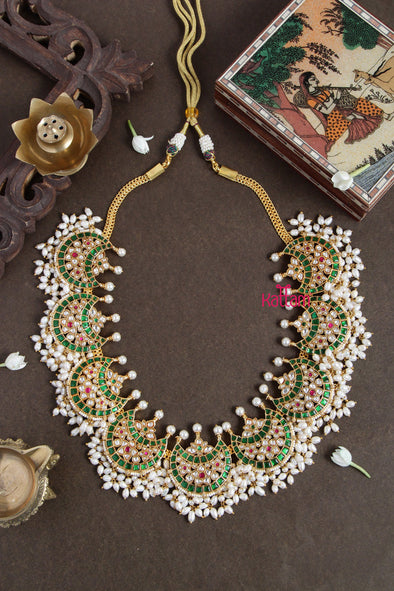 Premium Kundan Jadau Green Halfmoon Pearl Necklace