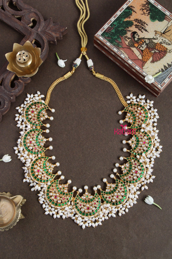 Premium Kundan Jadau Green Halfmoon Pearl Necklace
