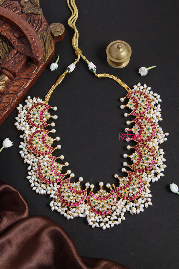 Premium Kundan Jadau Ruby Halfmoon Pearl Necklace