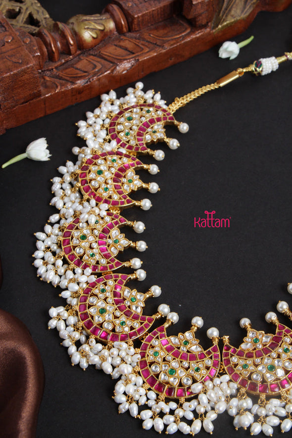 Premium Kundan Jadau Ruby Halfmoon Pearl Necklace
