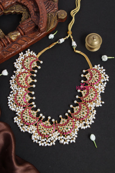 Premium Kundan Jadau Ruby Halfmoon Pearl Necklace