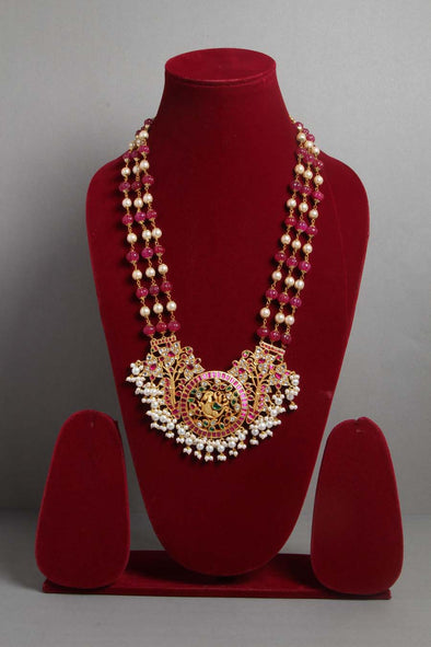 Pumpkin Beads Kundan Pink Peacock Necklace (No Earring)