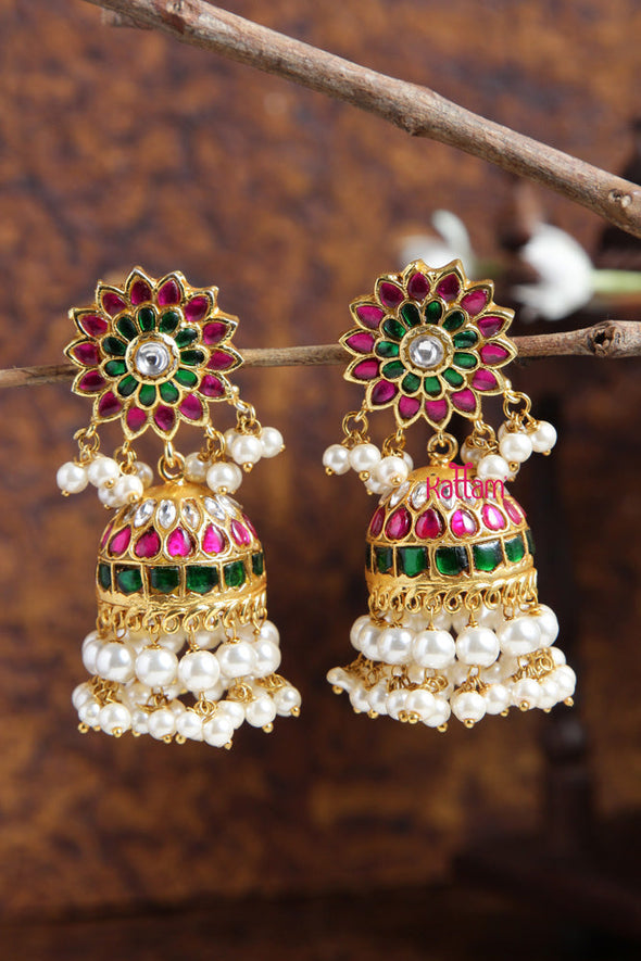 White Pearl Kundan Kemp Flower Jhumka