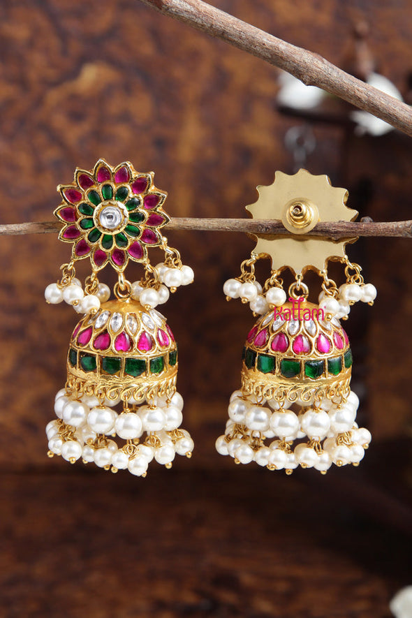 White Pearl Kundan Kemp Flower Jhumka