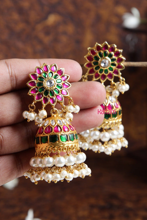 White Pearl Kundan Kemp Flower Jhumka