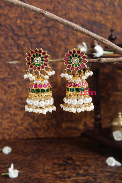 White Pearl Kundan Kemp Flower Jhumka