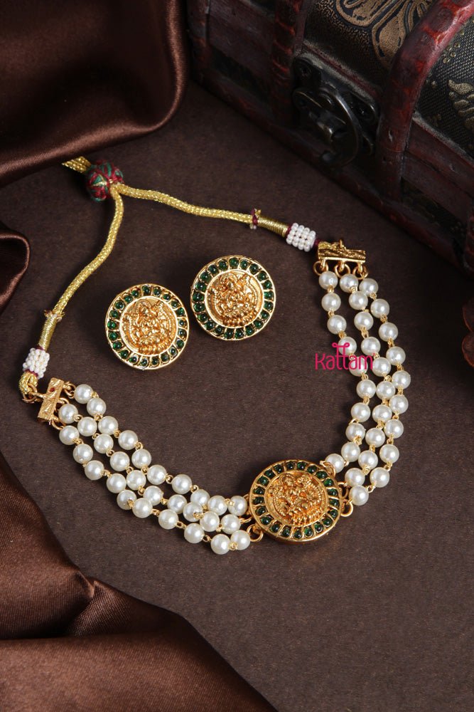 Budgetted Laksmi Green Coin Pearl Choker - N2066