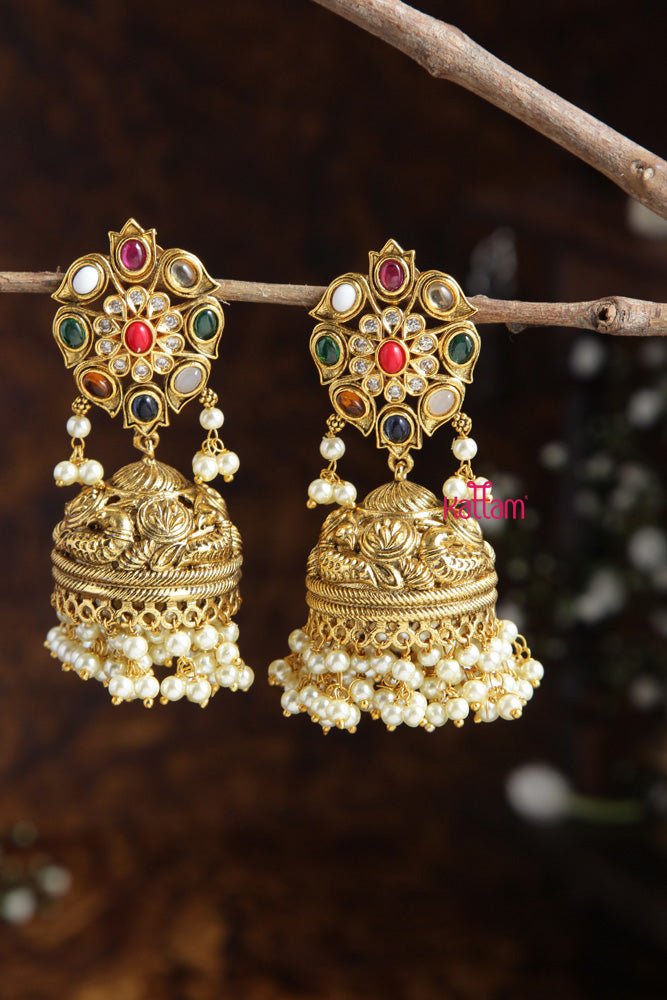 Matte Navarathna Pearl Jhumka - E439