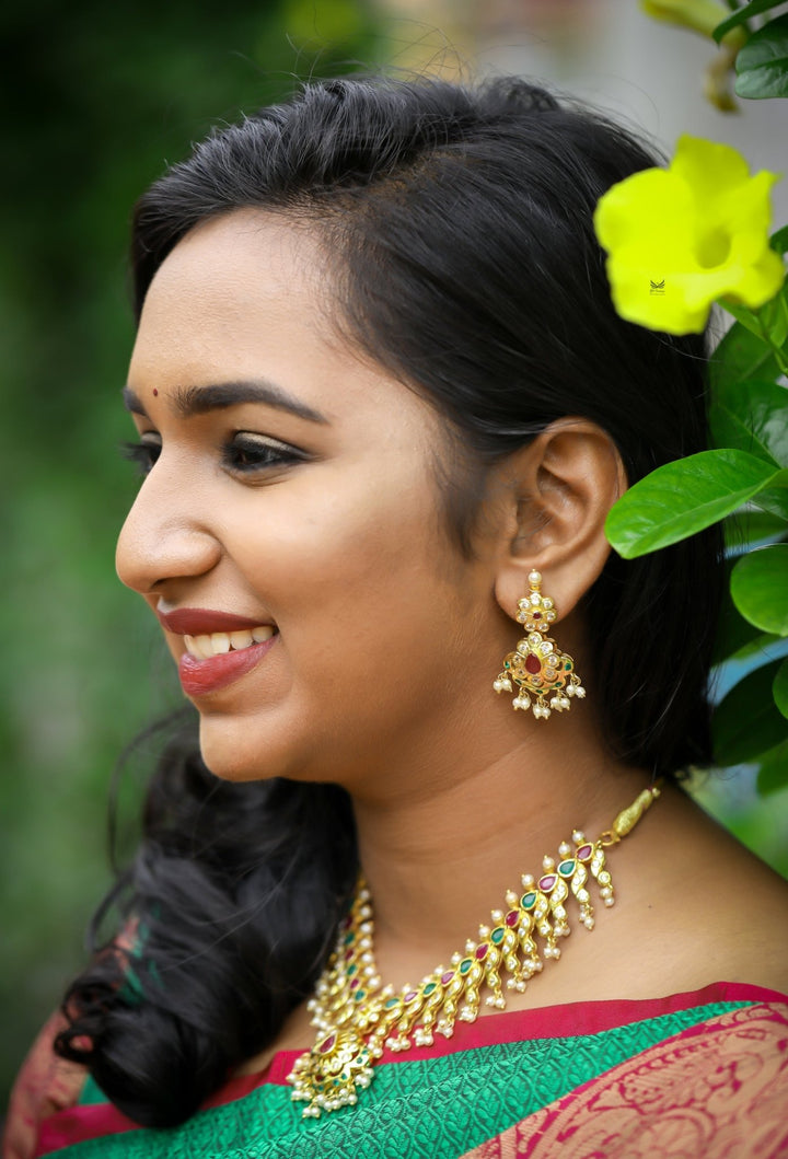 Multistone Pearl Trims Necklace Set - N292