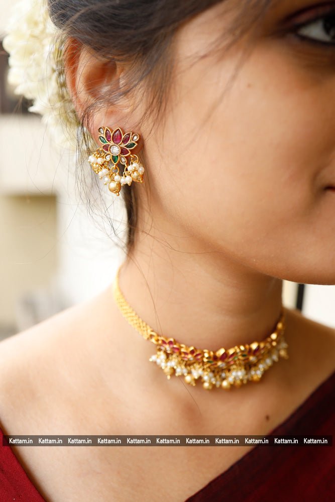 Ruby Green Lotus Beaded Choker - N1756
