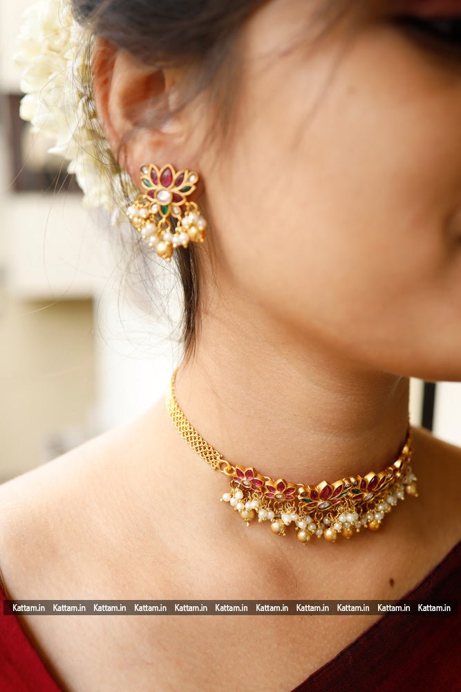 Ruby Green Lotus Beaded Choker - N1756