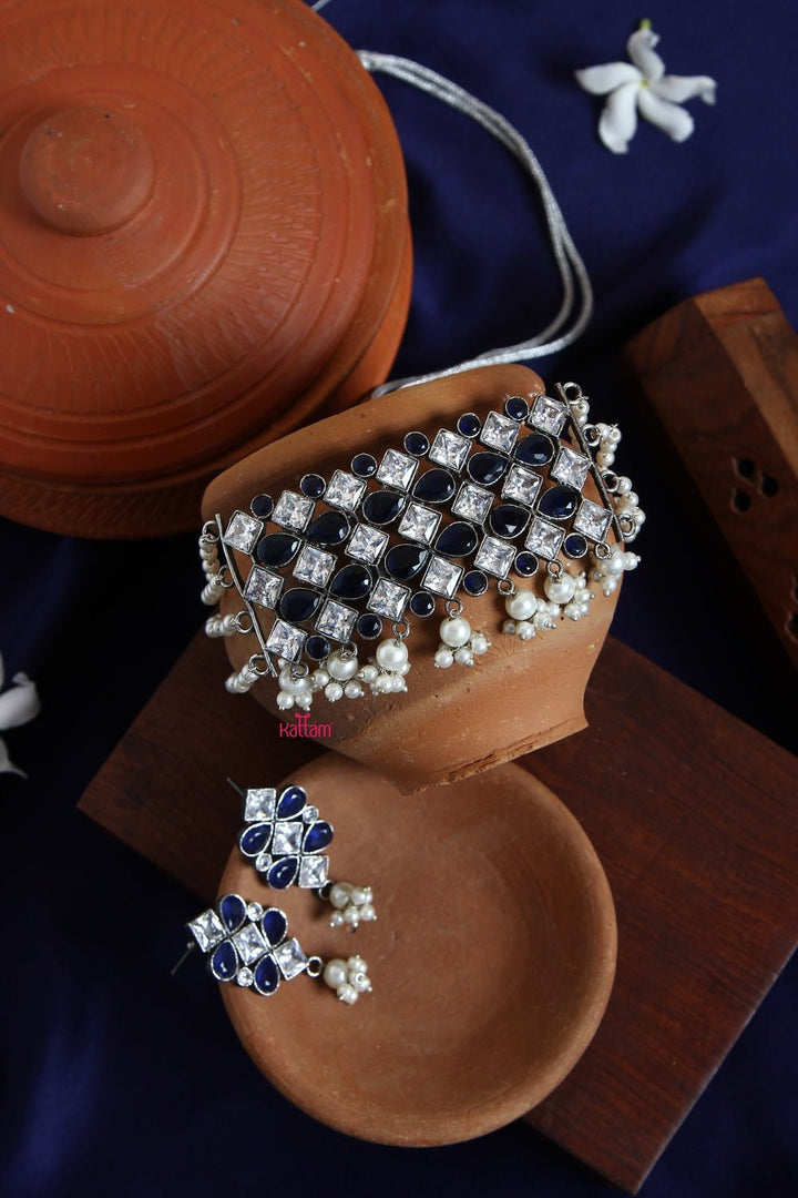 Silver Lookalike Stone Pearl Choker - N900