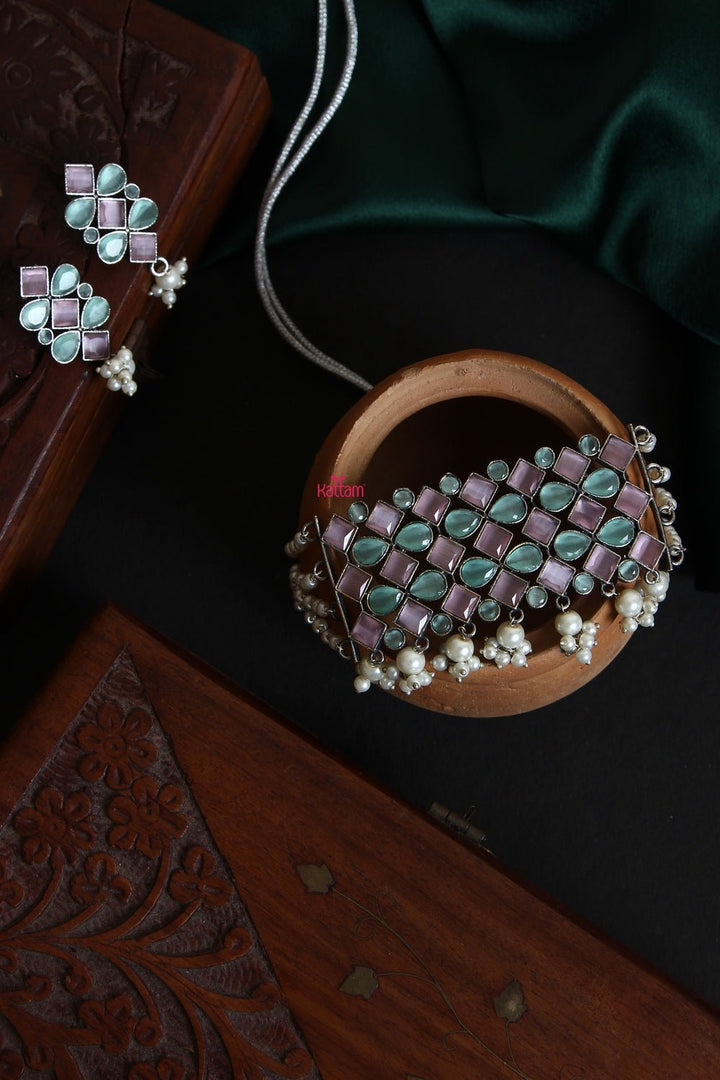 Silver Lookalike Stone Pearl Choker - N900