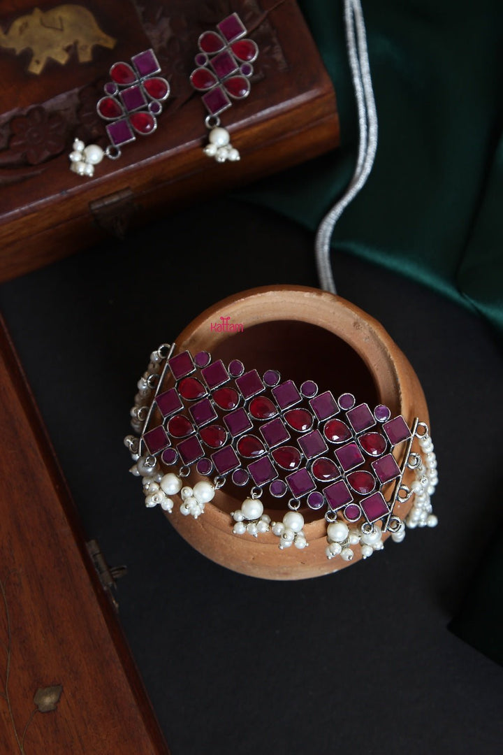 Silver Lookalike Stone Pearl Choker - N900