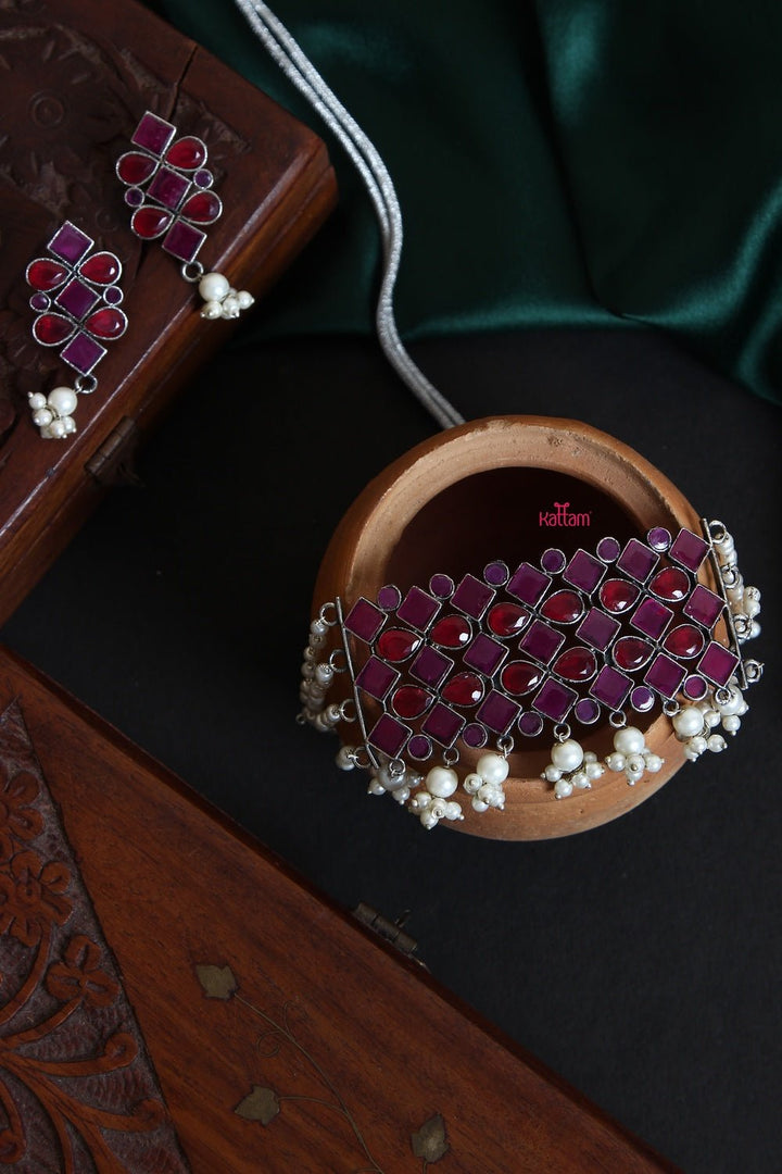 Silver Lookalike Stone Pearl Choker - N900