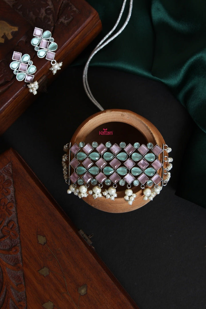 Silver Lookalike Stone Pearl Choker - N900