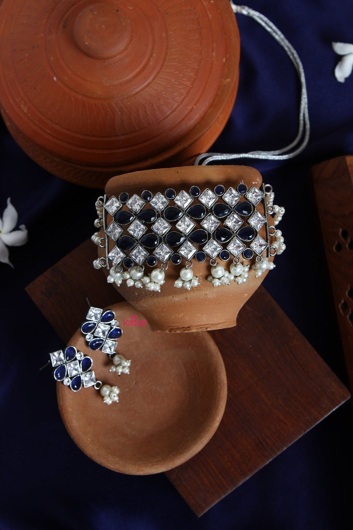 Silver Lookalike Stone Pearl Choker - N900