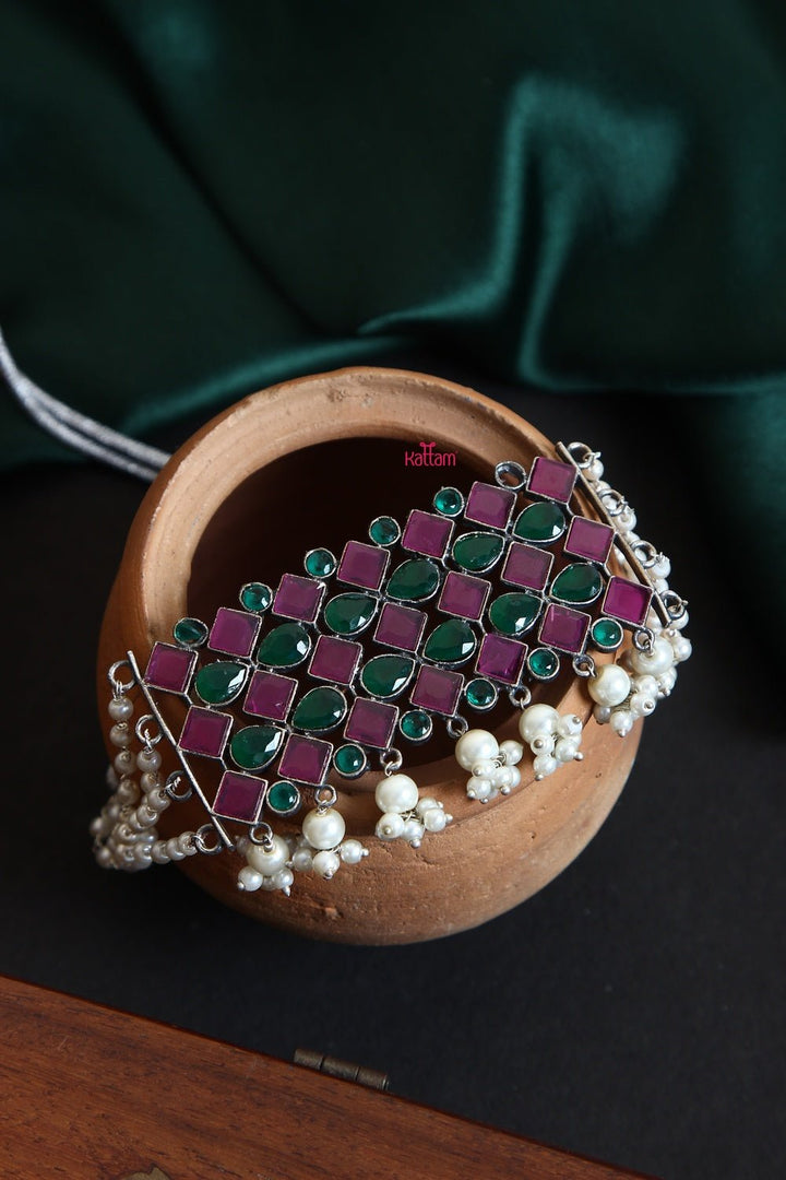 Silver Lookalike Stone Pearl Choker - N901